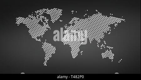 Black halftone triangle dotted world map. Vector illustration. Dotted map in flat design. Vector illustration isolated on black background Stock Vector