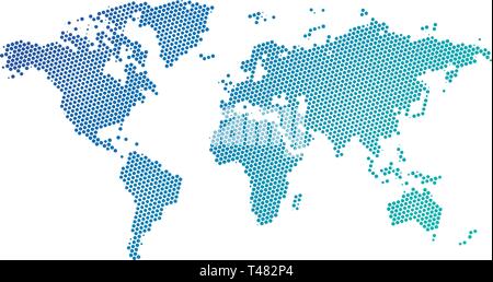 Black halftone dotted blue gradient world map. Vector illustration. Dotted map in flat design. Vector illustration isolated on white background Stock Vector
