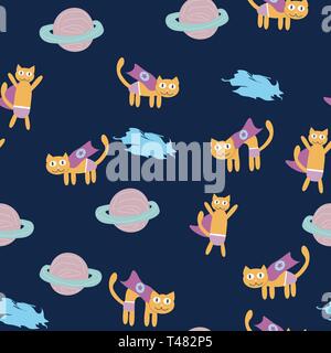 Space Cat Hero. Pattern with a flying cat in space, planets, rocket, stars. Stock Vector