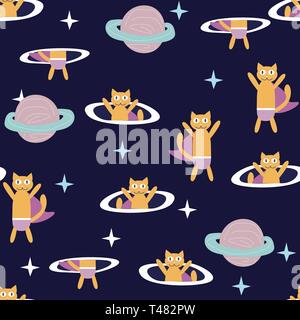 Space Cat Hero. Pattern with a flying cat in space, planets, rocket, stars. Stock Vector