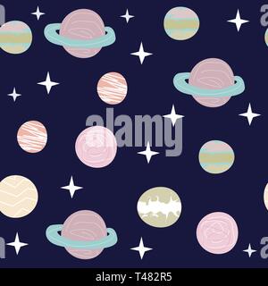 Space Cat Hero. Pattern with a flying cat in space, planets, rocket, stars. Stock Vector