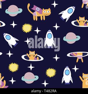 Space Cat Hero. Pattern with a flying cat in space, planets, rocket, stars. Stock Vector