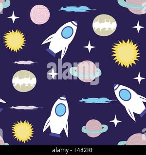 Space Cat Hero. Pattern with a flying cat in space, planets, rocket, stars. Stock Vector