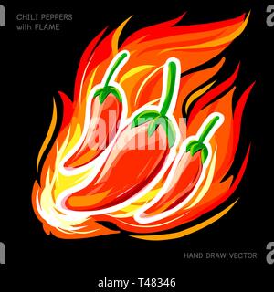 Chili peppers with flame - Hand Drawing colors brush and white stroke for glossy chili on black background with explain text. Stock Vector