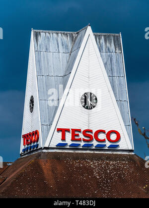 Tesco Spire - spire type rooftop on the Tesco store at Milton Cambridge UK Stock Photo