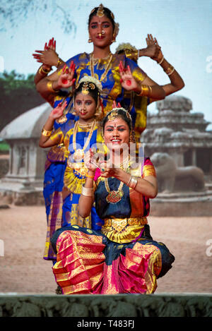 Vertical view of beautiful Bharatanatyam dancers performing during Pongal festivities in India. Stock Photo