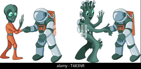 Cartoon alien meeting and handshake in space isolated on white background Stock Vector