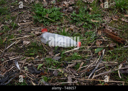 Clear plastic bottle with red top thrown away in North wales uk Stock Photo