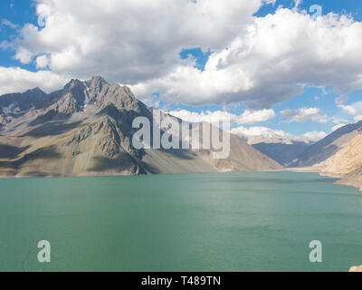 Mountains and peaks landscape. Lake of Yeso. Cajon del Maipo. Santiago of Chile Stock Photo