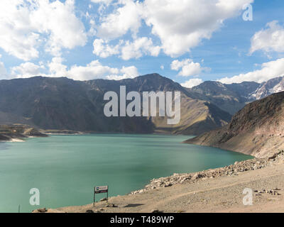 Mountains and peaks landscape. Lake of Yeso. Cajon del Maipo. Santiago of Chile Stock Photo