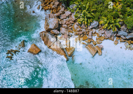 Anse Cocos beach tropical island La Digue Seychelles. Drone aerial view of foam ocean waves rolling towards the rocky coastline and palm trees Stock Photo
