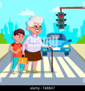 Grandmother and kid crossing the road illustration Stock Vector Image ...