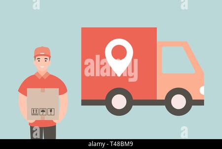 Courier with cardboard box. Vector delivery truck Stock Vector