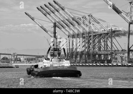 Black And White Photo Of The FOSS MARITIME Tugboat, PACIFIC STAR, In The Long Beach Container Terminal, California, USA. Stock Photo