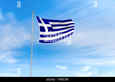 Greece Hellenic Republic flag blowing in the wind over nice blue sky background Stock Photo