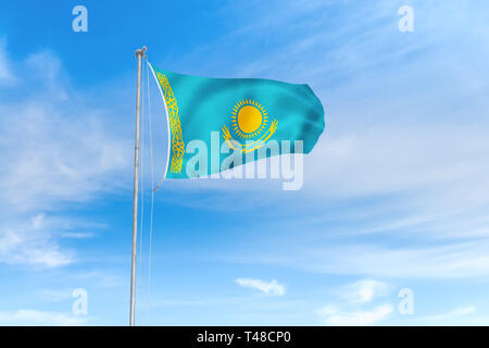 Kazakhstan flag blowing in the wind over nice blue sky background Stock Photo