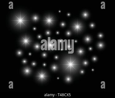 Glitter effect with black isolated background. White magic shine decorative elements. Stock Vector