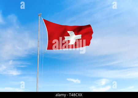Switzerland Swiss flag blowing in the wind over nice blue sky background Stock Photo