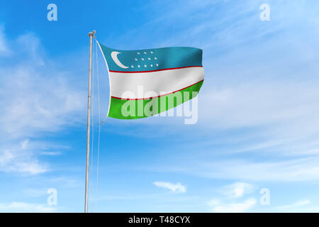 Uzbekistan flag blowing in the wind over nice blue sky background Stock Photo