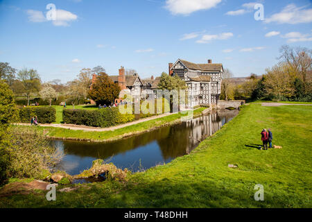 Little Moreton Hall, moated black and white half timbered Tudor manor house near Congleton in Cheshire, owned by the national trust Stock Photo