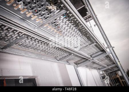 Aluminium Scaffolding Platform Closeup Photo. Construction Industry Safety. Stock Photo