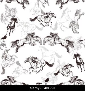 Seamless pattern of hand drawn sketch style horses and jockeys on a horses. Vector illustration isolated on white background. Stock Vector