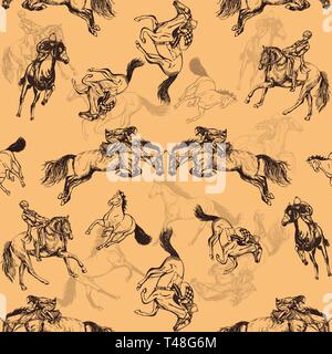 Seamless pattern of hand drawn sketch style horses and jockeys on a horses. Vector illustration. Stock Vector
