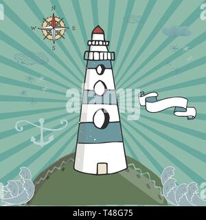 Vector cartoon illustration with waves and mountains. lighthouse on the rocks, sea landscape with blue sky. Stock Vector