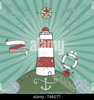 Vector cartoon illustration with waves and mountains. lighthouse on the rocks, sea landscape with blue sky. Stock Vector