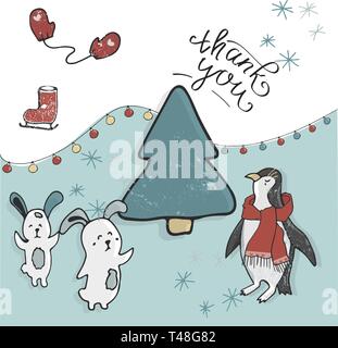 Merry Christmas and Happy New Year. Christmas Cute Animals Penguin, Bunny Character. Happy Christmas card in snow scene. Winter landscape. Stock Vector