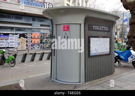 A Sanisette automatic self-cleaning public toilet, public restroom, near Place de la Bastille, Paris, France. The facilities are free to use. Stock Photo