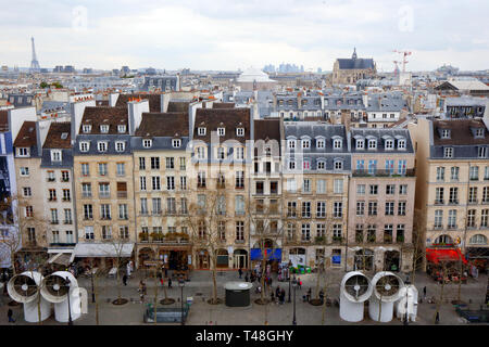 An aerial view of Paris from the Centre Pompidou art museum, Paris, France with Rue Saint-Martin in the foreground. Stock Photo