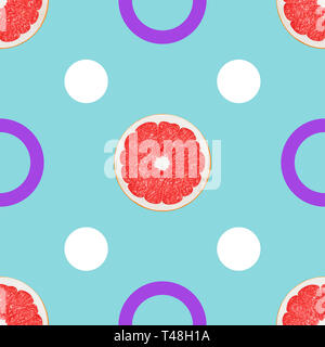 Seamless pattern with grapefruit Geometric background with different circles and grapefruit halves on a light blue backdrop Stock Photo
