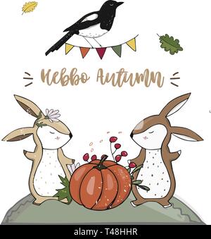 Bunny character clip art vector forest animal face smile full running cute wildlife geometric text cat dog wolf illustration color texture white backg Stock Vector