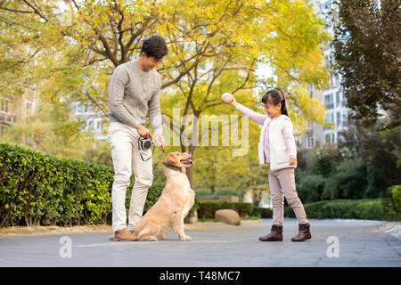 Happy young family playing with dog Stock Photo
