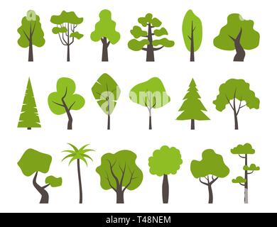 Big set of various trees. Tree icons set in a modern flat style. Pine, spruce, oak, birch, trunk, aspen, alder, poplar, chestnut, palm apple tree Vect Stock Vector