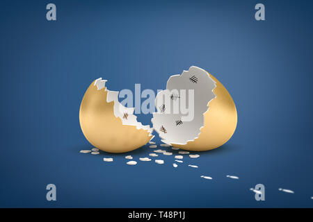 3d rendering of a broken golden eggshell with tally marks drawn on the inside of the shell. Stock Photo