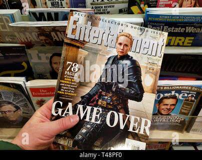 MONTREAL, CANADA - MARCH 28, 2019: Entertainment Weekly Special collectors double issue. Game Over - Game of Thrones speciall issue with Brienne of Ta Stock Photo