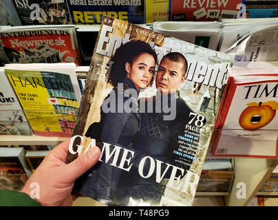 MONTREAL, CANADA - MARCH 28, 2019: Entertainment Weekly Special collectors double issue. Game Over - Game of Thrones speciall issue with Grey Worm and Stock Photo