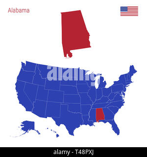 The State of Alabama is Highlighted in Red. Blue Map of the United States Divided into Separate States. Map of the USA Split into Individual States. Stock Photo