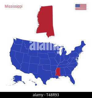 The State of Mississippi is Highlighted in Red. Blue Map of the United States Divided into Separate States. Map of the USA Split into Individual State Stock Photo