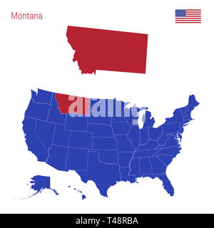 The State of Montana is Highlighted in Red. Blue Map of the United States Divided into Separate States. Map of the USA Split into Individual States. Stock Photo