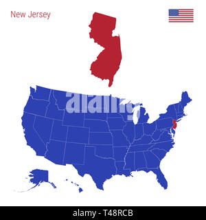 The State of New Jersey is Highlighted in Red. Blue Map of the United States Divided into Separate States. Map of the USA Split into Individual States Stock Photo