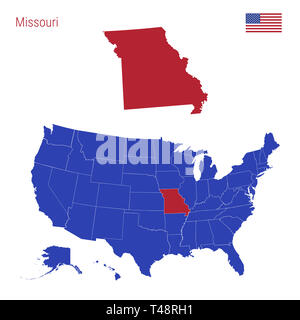 The State of Missouri is Highlighted in Red. Blue Map of the United States Divided into Separate States. Map of the USA Split into Individual States. Stock Photo