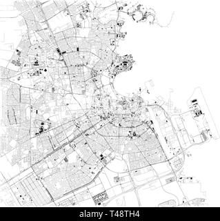 Satellite map of Doha the capital and most populous city of the State of Qatar. Map of streets and buildings of the town center. Asia Stock Vector