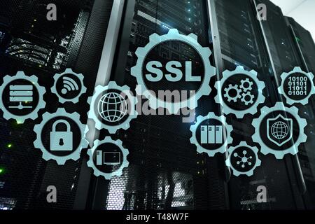 SSL Secure Sockets Layer concept. Cryptographic protocols provide secured communications. Server room background. Stock Photo