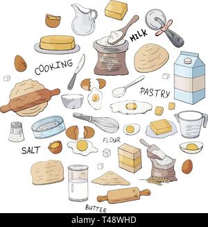 Different dough items and kitchen accessories in circle shape isolated on white background. Stock Vector