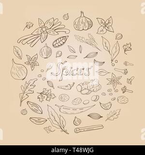 Set of different spices elements in circle shape on craft background. Asian (indian) spices collection. Stock Vector