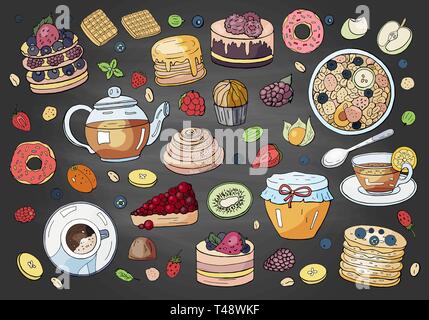 Big set of different elements of breakfast on chalkboard. Morning breakfast collection on blackboard. Stock Vector
