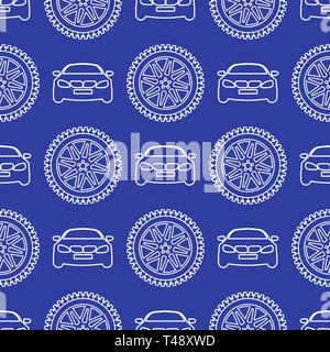 Seamless pattern with cars and wheels. Automotive background. Transport backdrop. Stock Vector